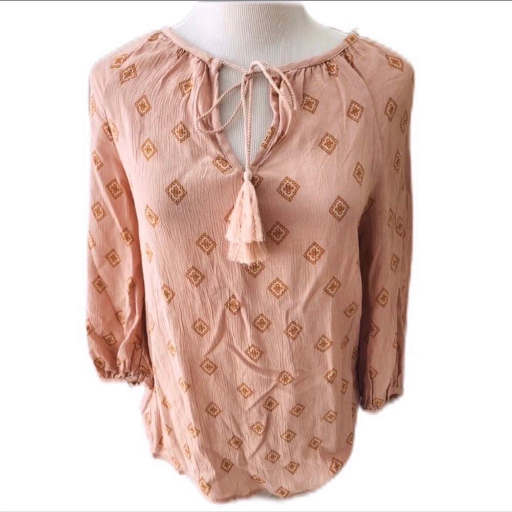 Buckle Boho Pink Diamond Blouse Top Shirt XS S Tassel Relaxed Fit Oversized